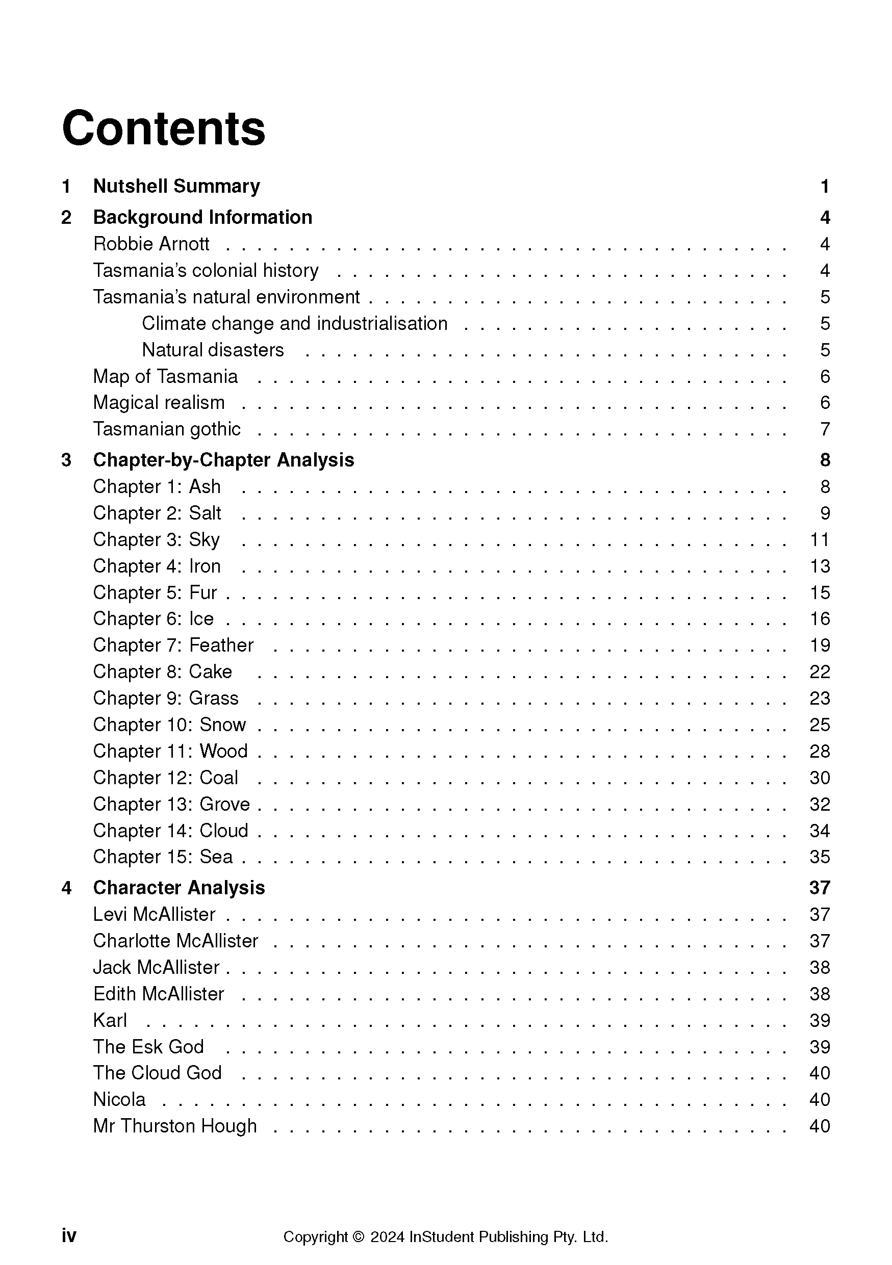 Text guide showing its table of contents page, with sections like "Background Information," "Chapter-by-Chapter Analysis," and "Character Analysis."