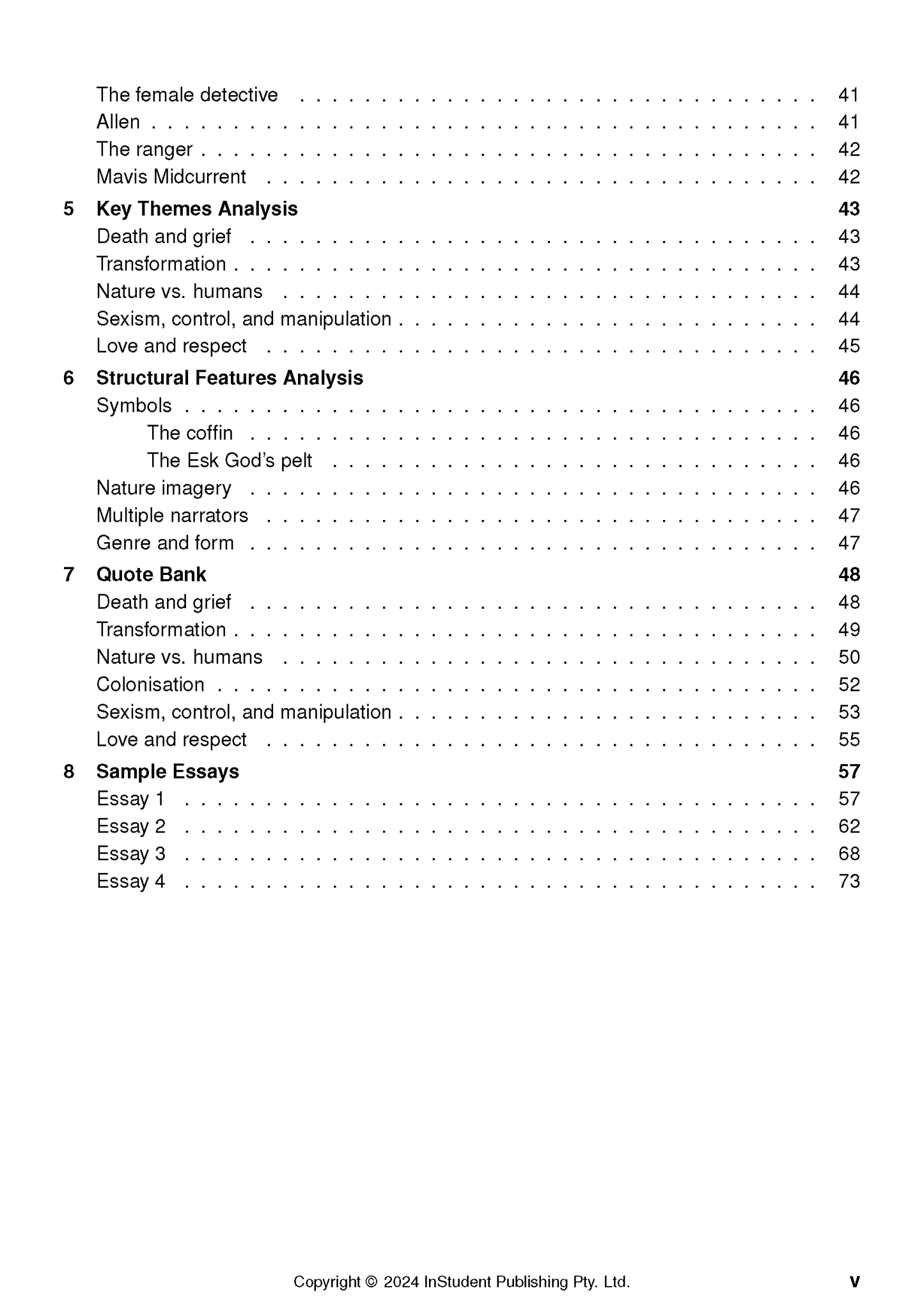 Text Guide presenting a table of contents for 'Flames by Robbie Arnott', featuring section titles and page numbers on a white page.