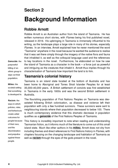 Text Guide by Robbie Arnott, cropped page showing 'Background Information' with definitions and highlighted terms.