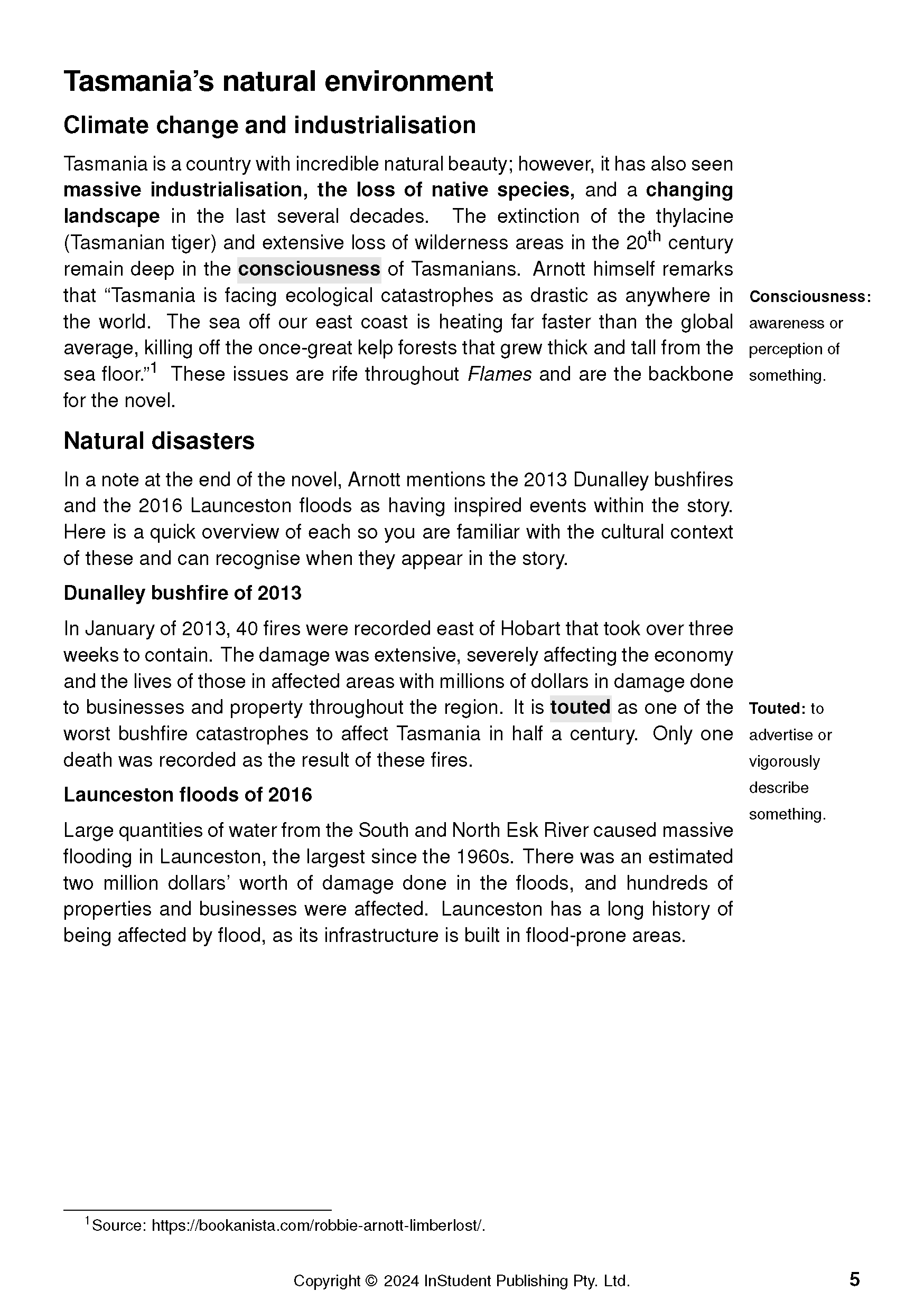 Text guide by Robbie Arnott featuring content on Tasmania's environment, climate change, and natural disasters, with glossary definitions.
