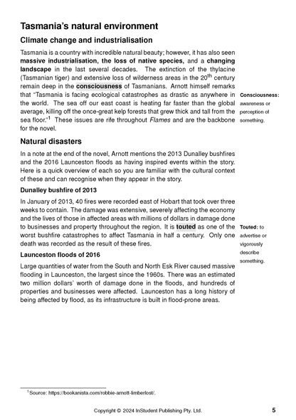 Text guide by Robbie Arnott featuring content on Tasmania's environment, climate change, and natural disasters, with glossary definitions.