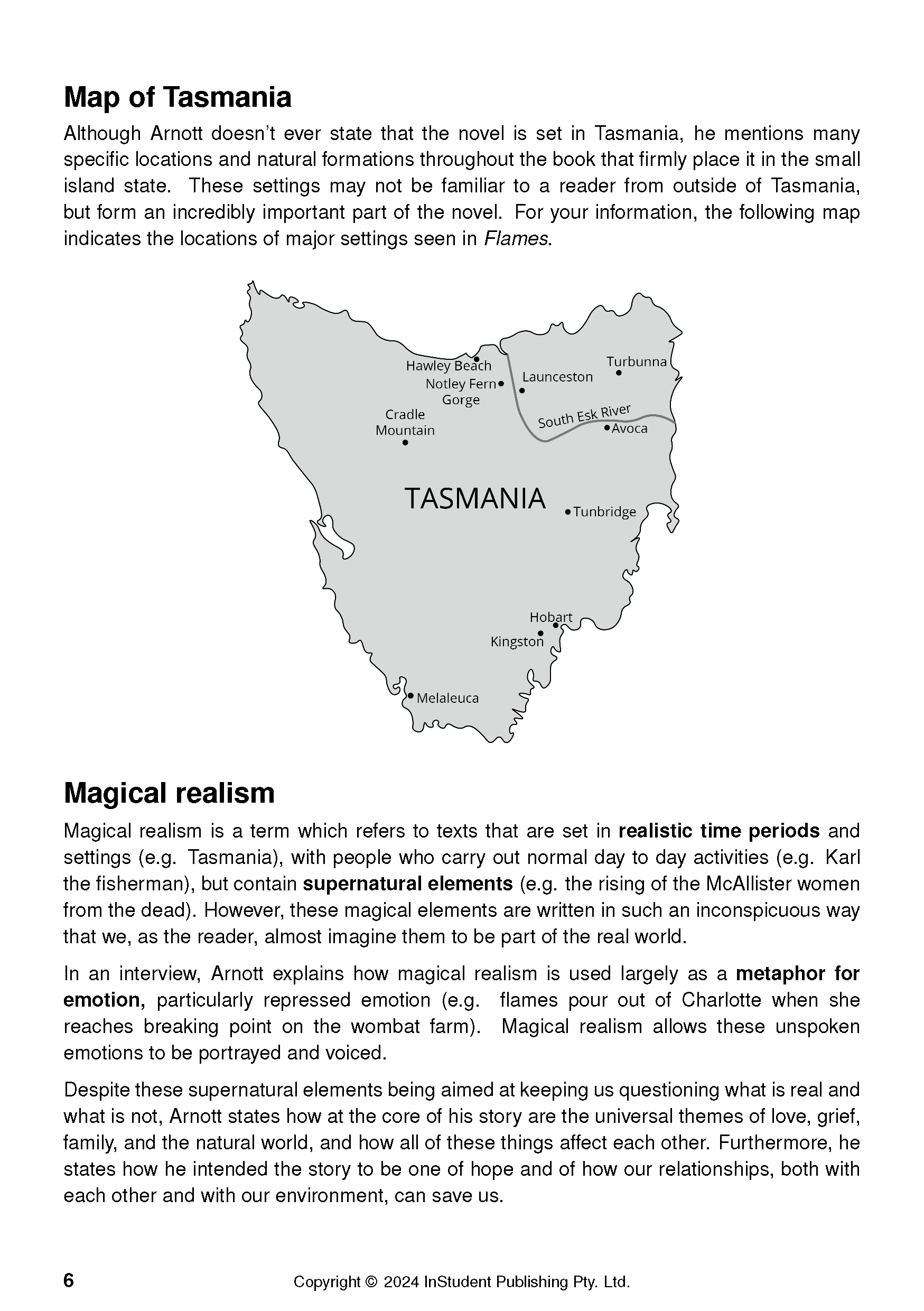 Text Guide page by Robbie Arnott showing a map of Tasmania and text about magical realism.
