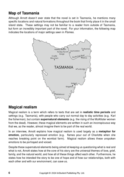 Text Guide page by Robbie Arnott showing a map of Tasmania and text about magical realism.