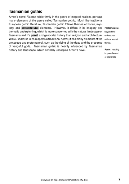 White Text Guide for Flames by Robbie Arnott, with black text displaying the title "Tasmanian gothic," explanatory paragraphs, definitions, and page 7.