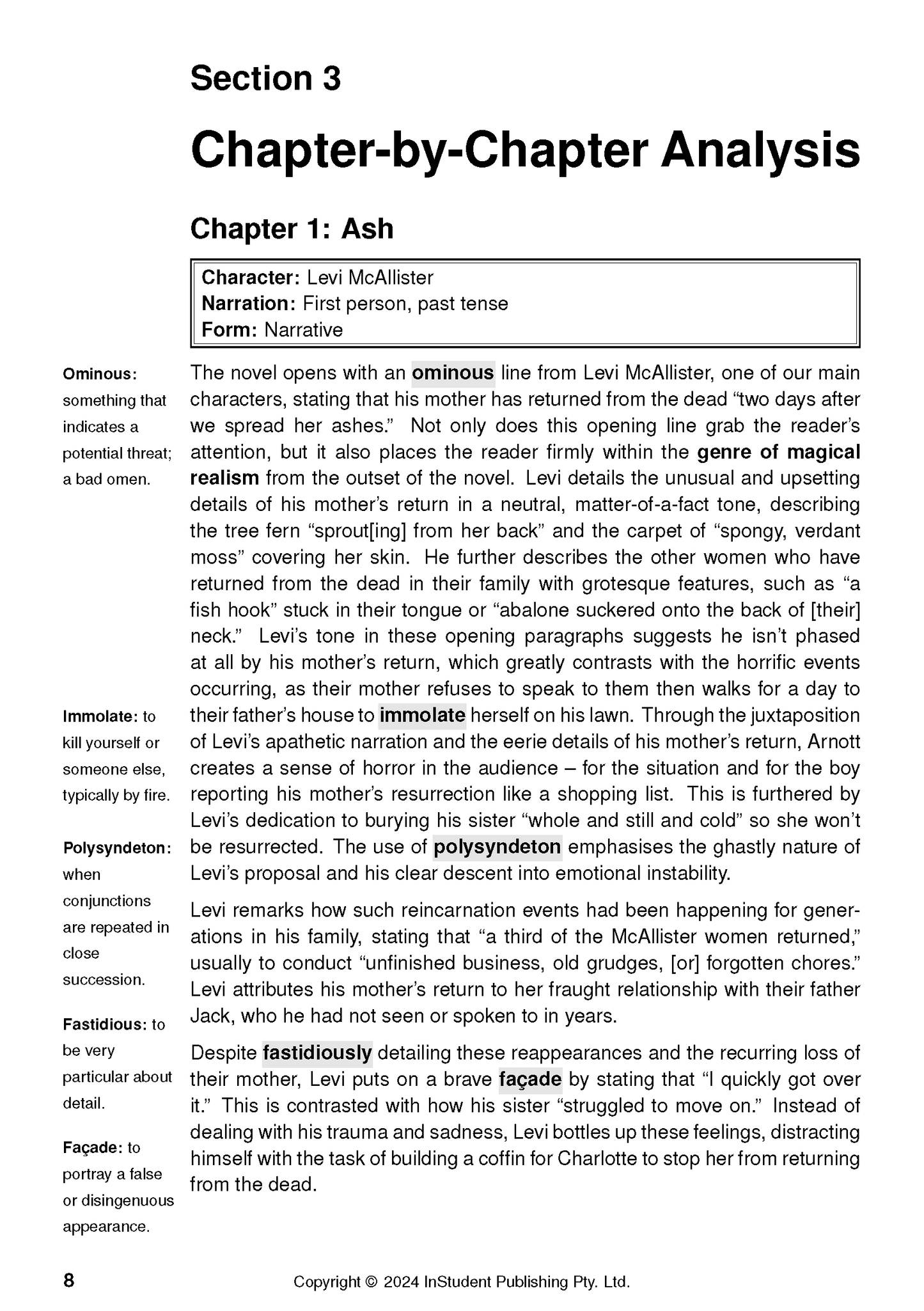 Text Guide: Flames by Robbie Arnott page features chapter analysis and a sidebar with word definitions.