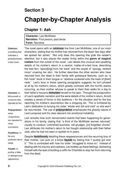 Text Guide: Flames by Robbie Arnott page features chapter analysis and a sidebar with word definitions.