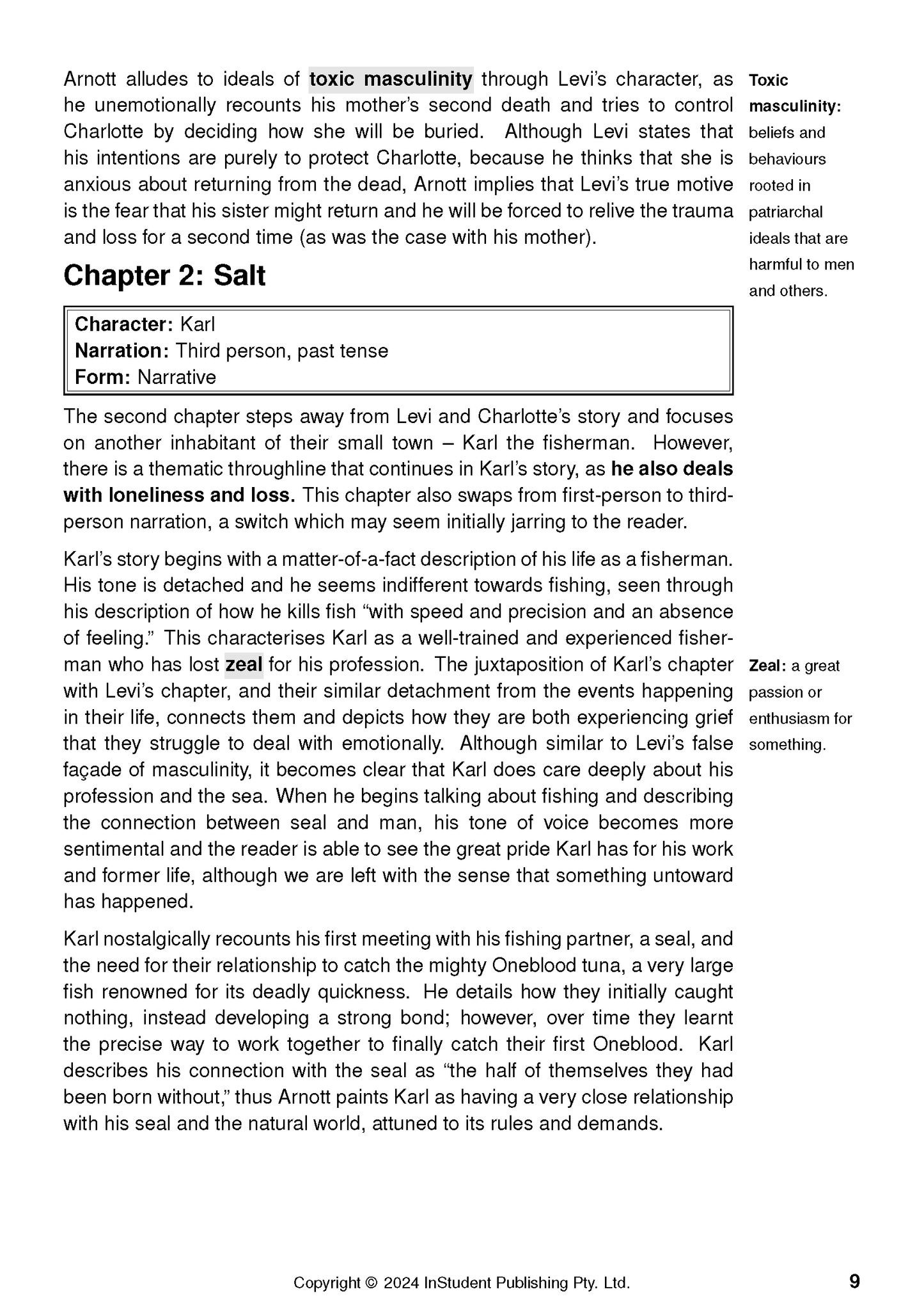 Text guide page by Robbie Arnott with Chapter 2: Salt, character details, and definitions for 'toxic masculinity' and 'zeal'.