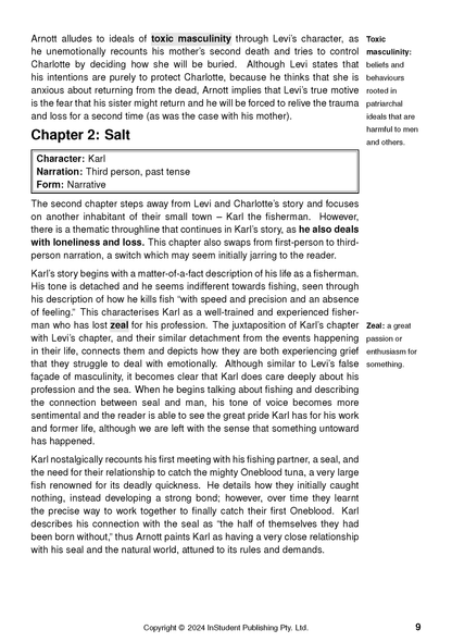 Text guide page by Robbie Arnott with Chapter 2: Salt, character details, and definitions for 'toxic masculinity' and 'zeal'.