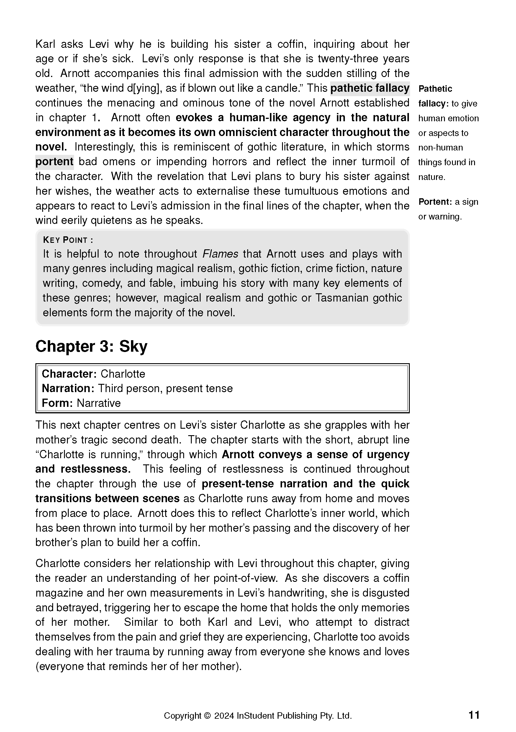 Text guide by InStudent Publishing Pty. Ltd. for 'Flames' by Robbie Arnott, showing a page with black text, definitions, and highlighted elements.