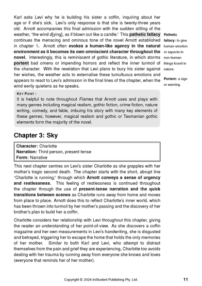 Text guide by InStudent Publishing Pty. Ltd. for 'Flames' by Robbie Arnott, showing a page with black text, definitions, and highlighted elements.