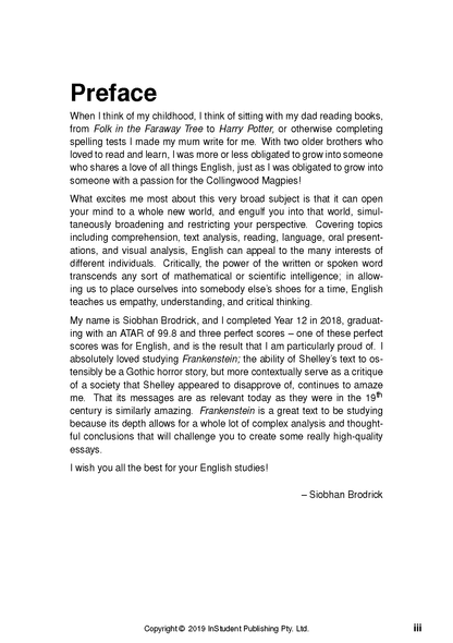 Text Guide to Frankenstein by InStudent Publishing, showing a page with preface and black text on white.