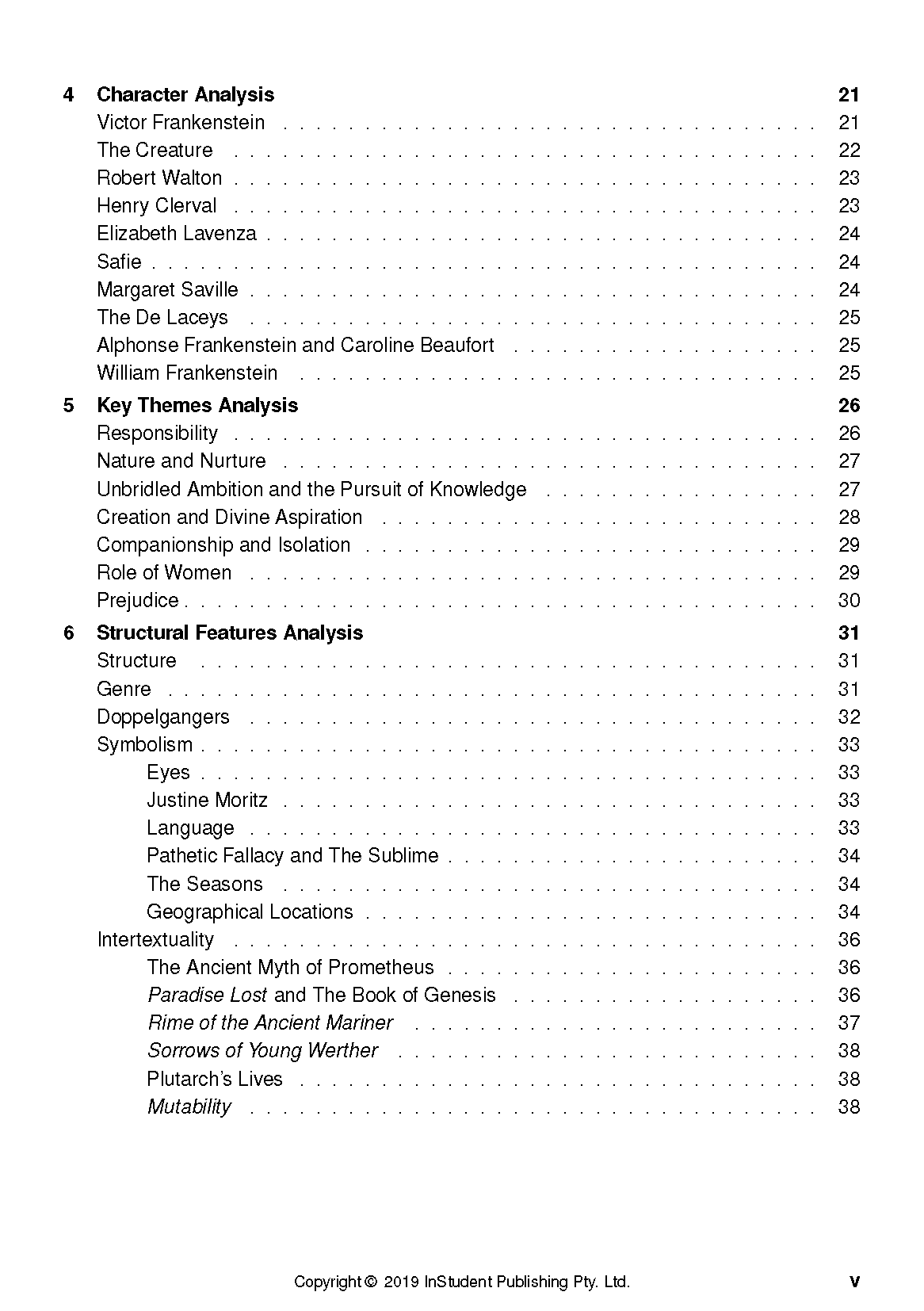 Text Guide showing a table of contents with black text on a white page, listing sections like Character Analysis and Key Themes.