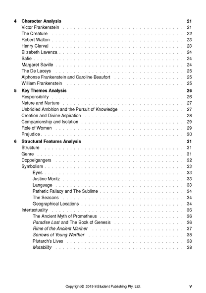 Text Guide showing a table of contents with black text on a white page, listing sections like Character Analysis and Key Themes.