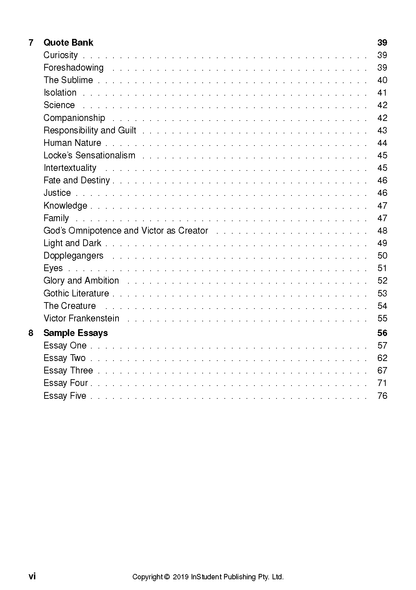 Frankenstein Text Guide book by InStudent Publishing Pty. Ltd. showing a table of contents with page numbers.