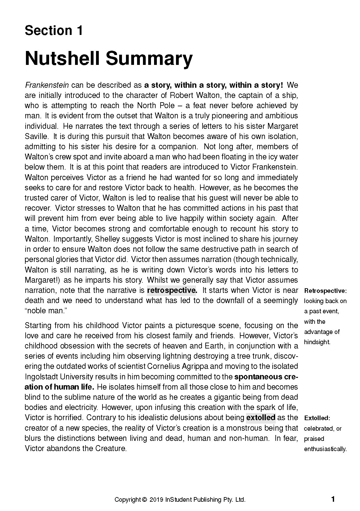 Text Guide page for Frankenstein, featuring a 'Nutshell Summary' with body text, highlighted terms, and sidebar definitions.