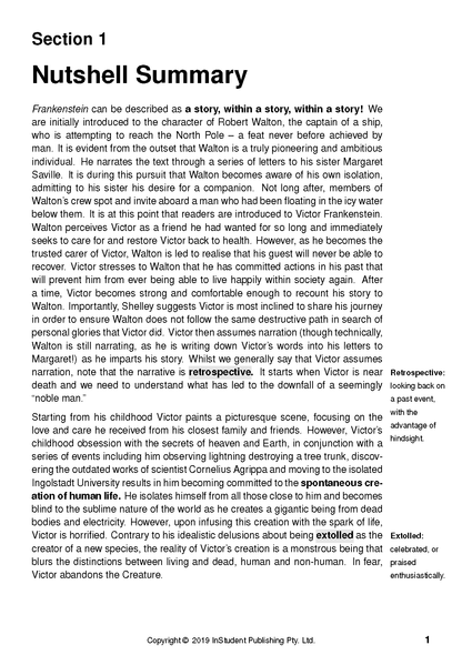 Text Guide page for Frankenstein, featuring a 'Nutshell Summary' with body text, highlighted terms, and sidebar definitions.
