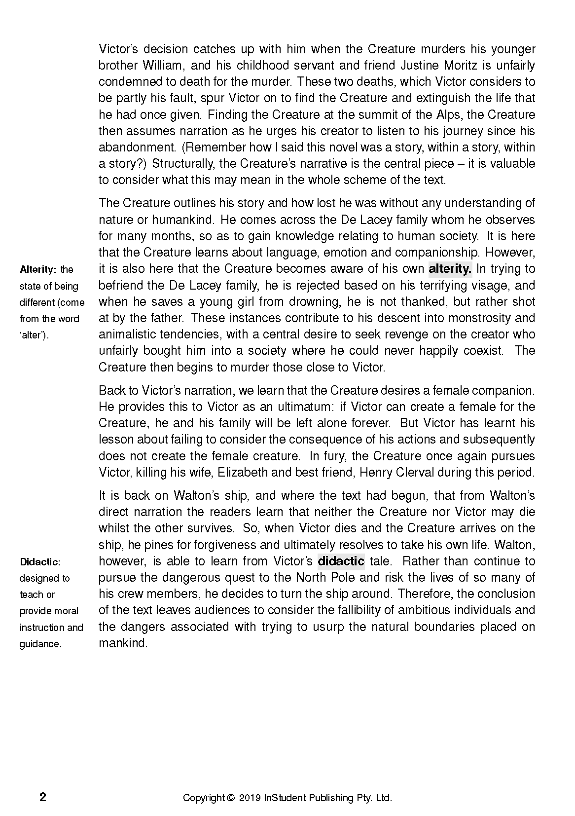 Text guide by InStudent Publishing Pty. Ltd. showing a white page with black text, highlighted terms with definitions, and page 2.