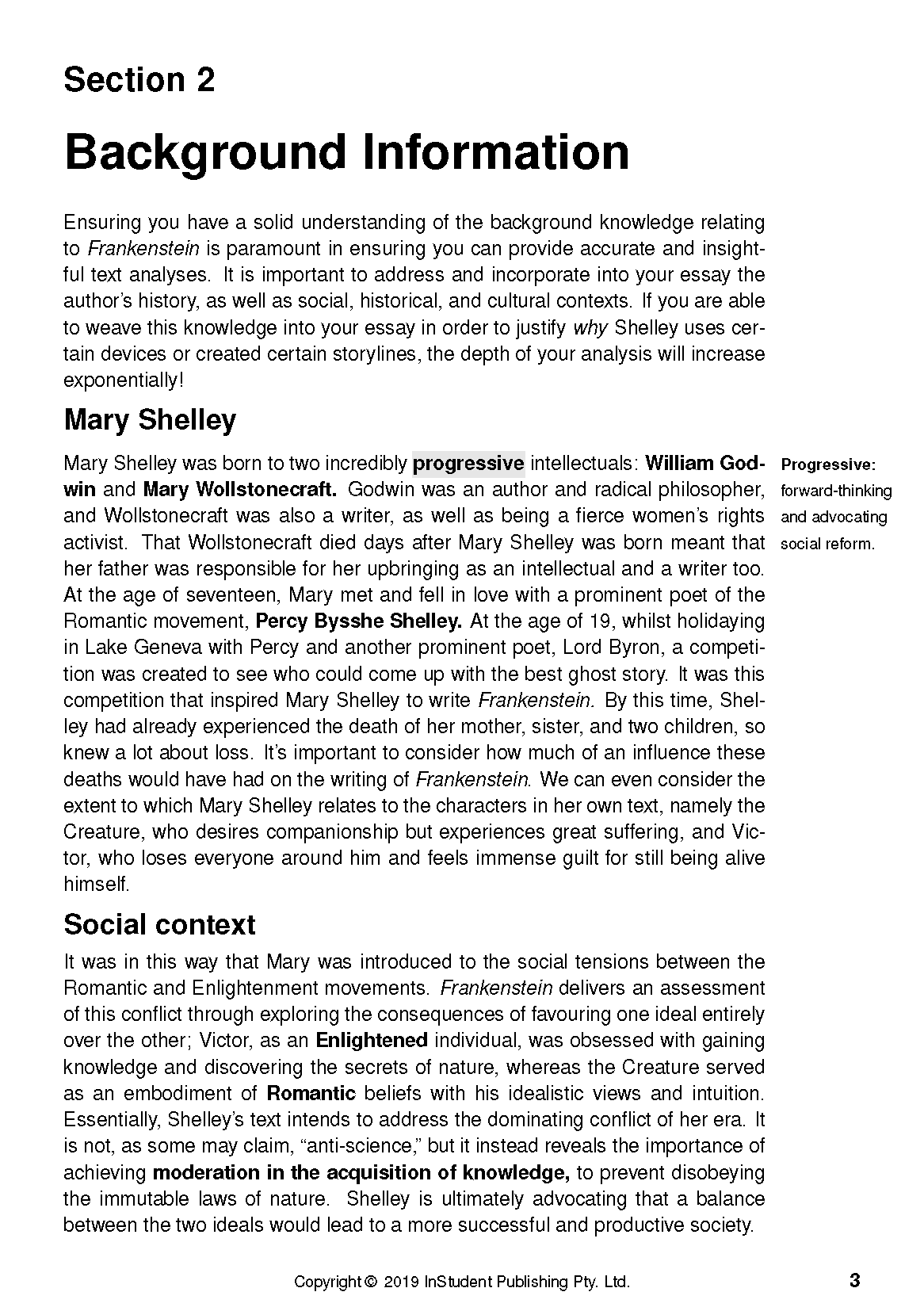 Text Guide page with black text titled 'Section 2 Background Information' detailing Mary Shelley and Frankenstein.