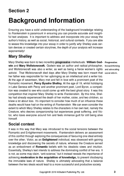 Text Guide page with black text titled 'Section 2 Background Information' detailing Mary Shelley and Frankenstein.