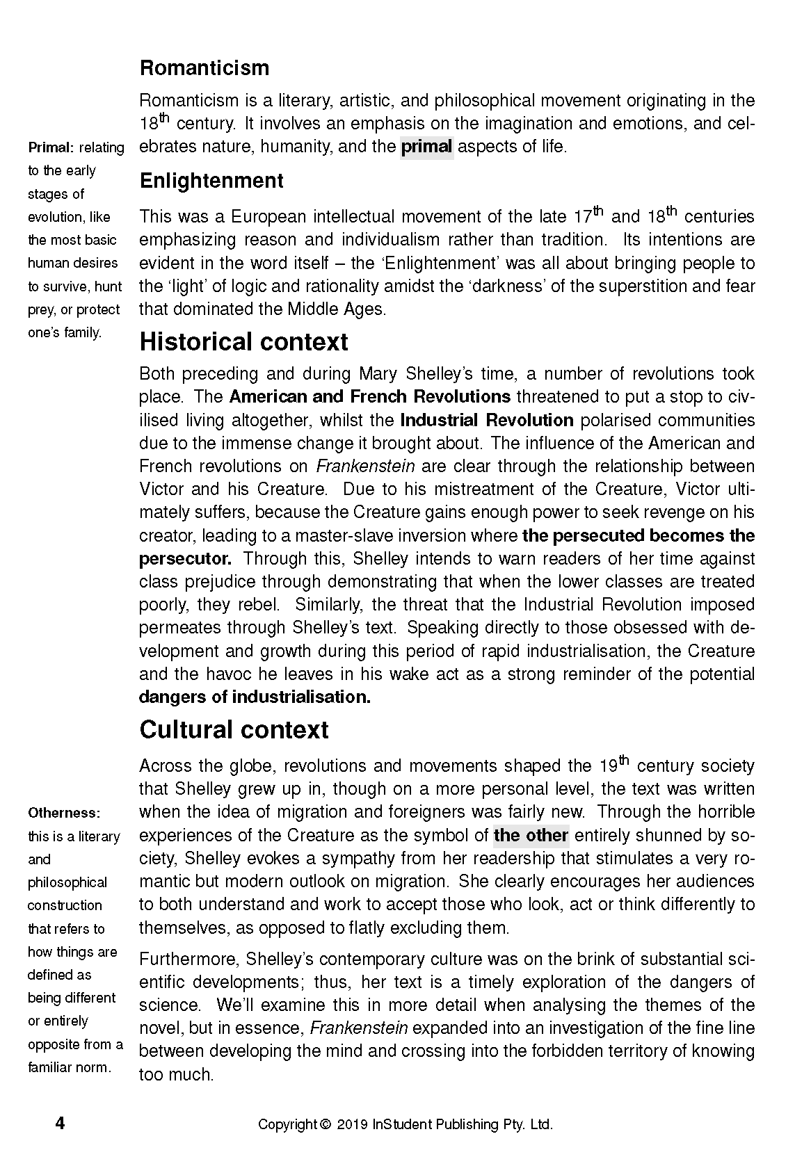 Text Guide page showing sections on 'Romanticism', 'Enlightenment', and 'Historical context' with bolded text and page number 4.