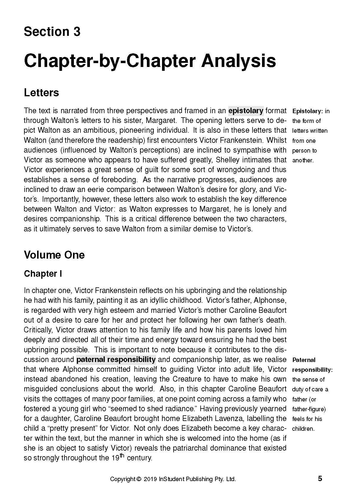 Text Guide page featuring "Section 3 Chapter-by-Chapter Analysis" and text about Frankenstein, with highlighted key terms and definitions.