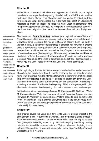 Published text guide on Frankenstein by Mary Shelley, showing chapters II, III, and IV on a white page with black text.
