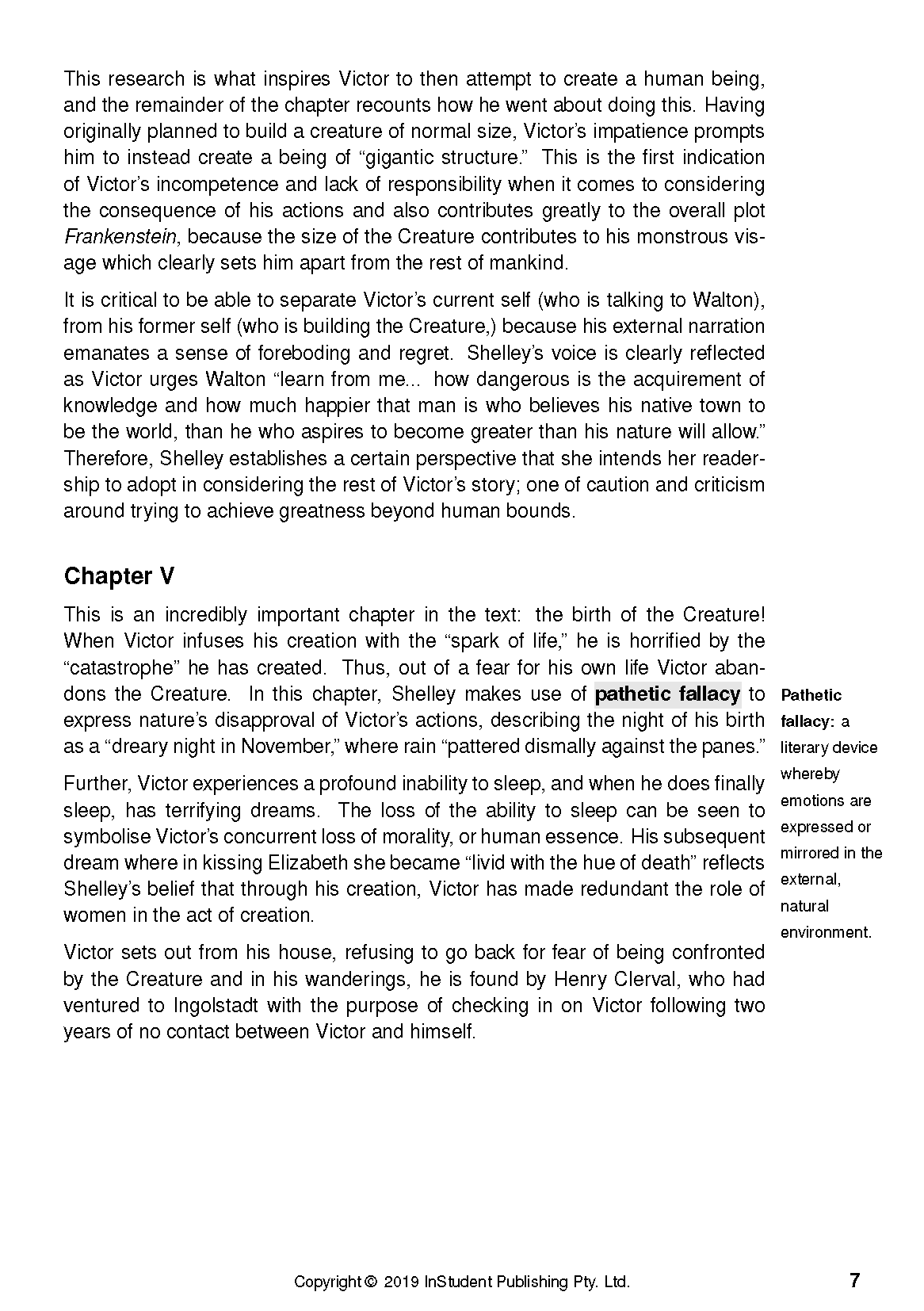 Text guide page showing a critique of Frankenstein, with "Chapter V" heading and "Pathetic fallacy" definition sidebar.