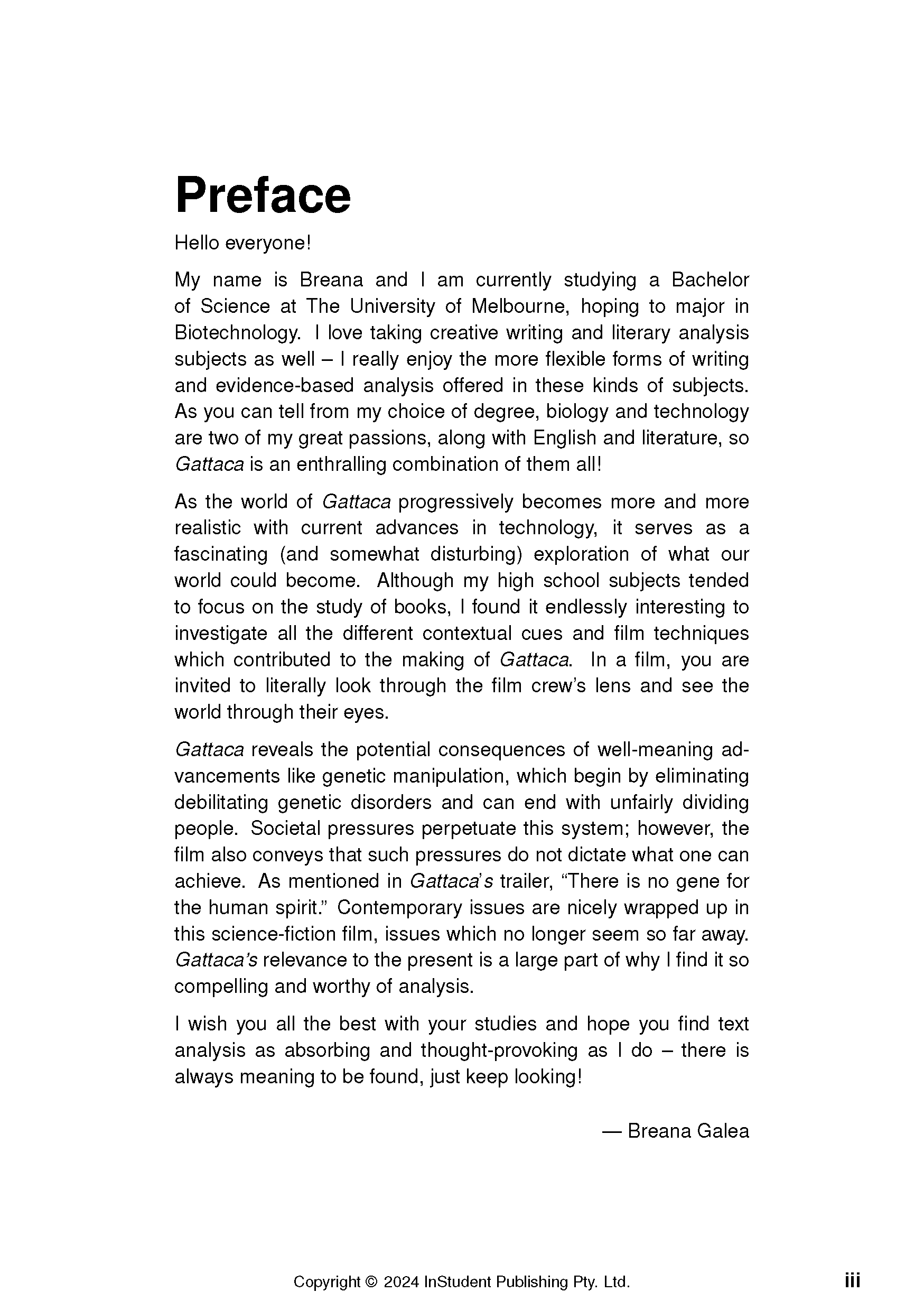 Text guide from InStudent Publishing Pty. Ltd. showing a preface page with black text about Gattaca on white, page iii.