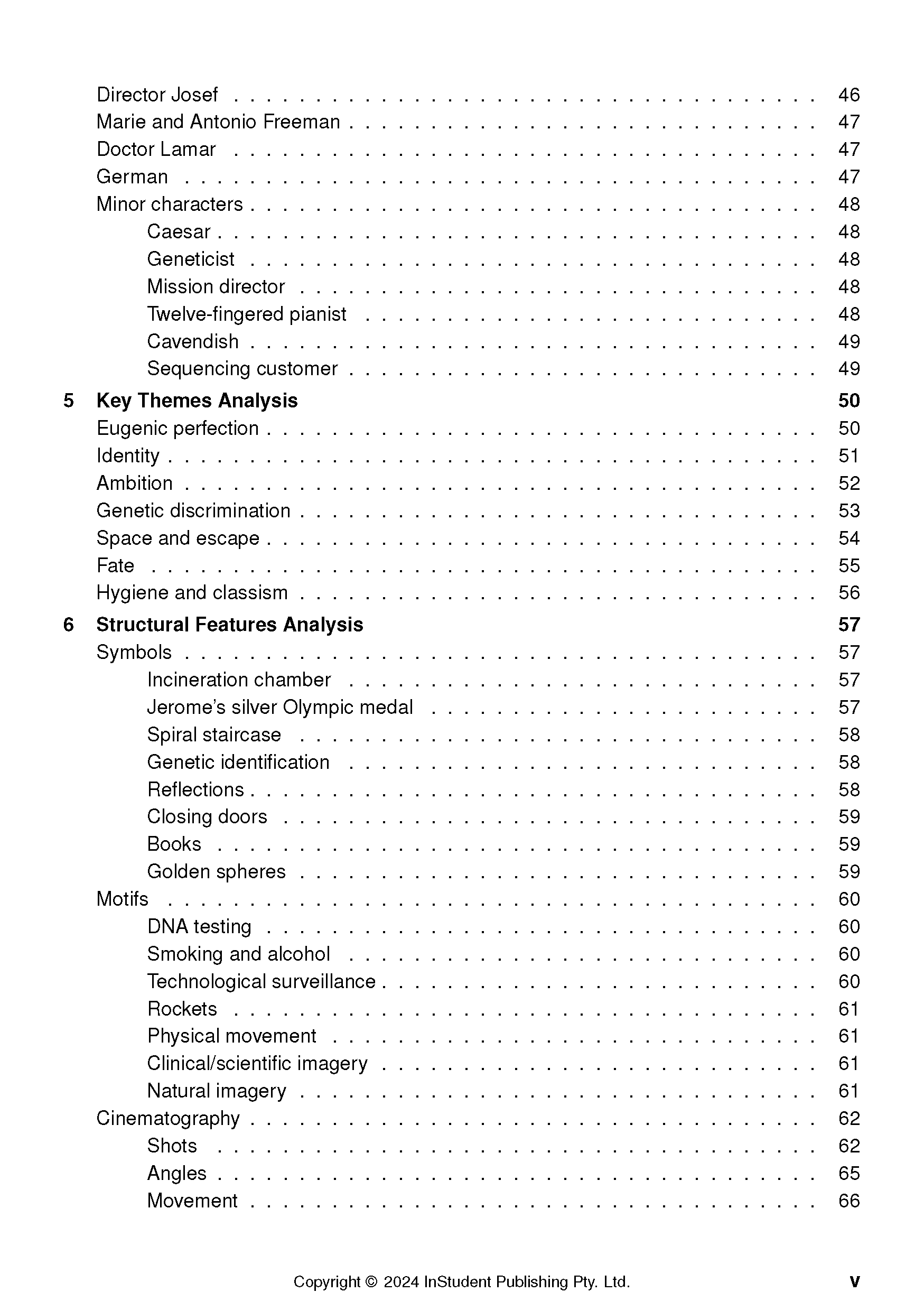 Text Guide page displaying a table of contents with black text on a white background.