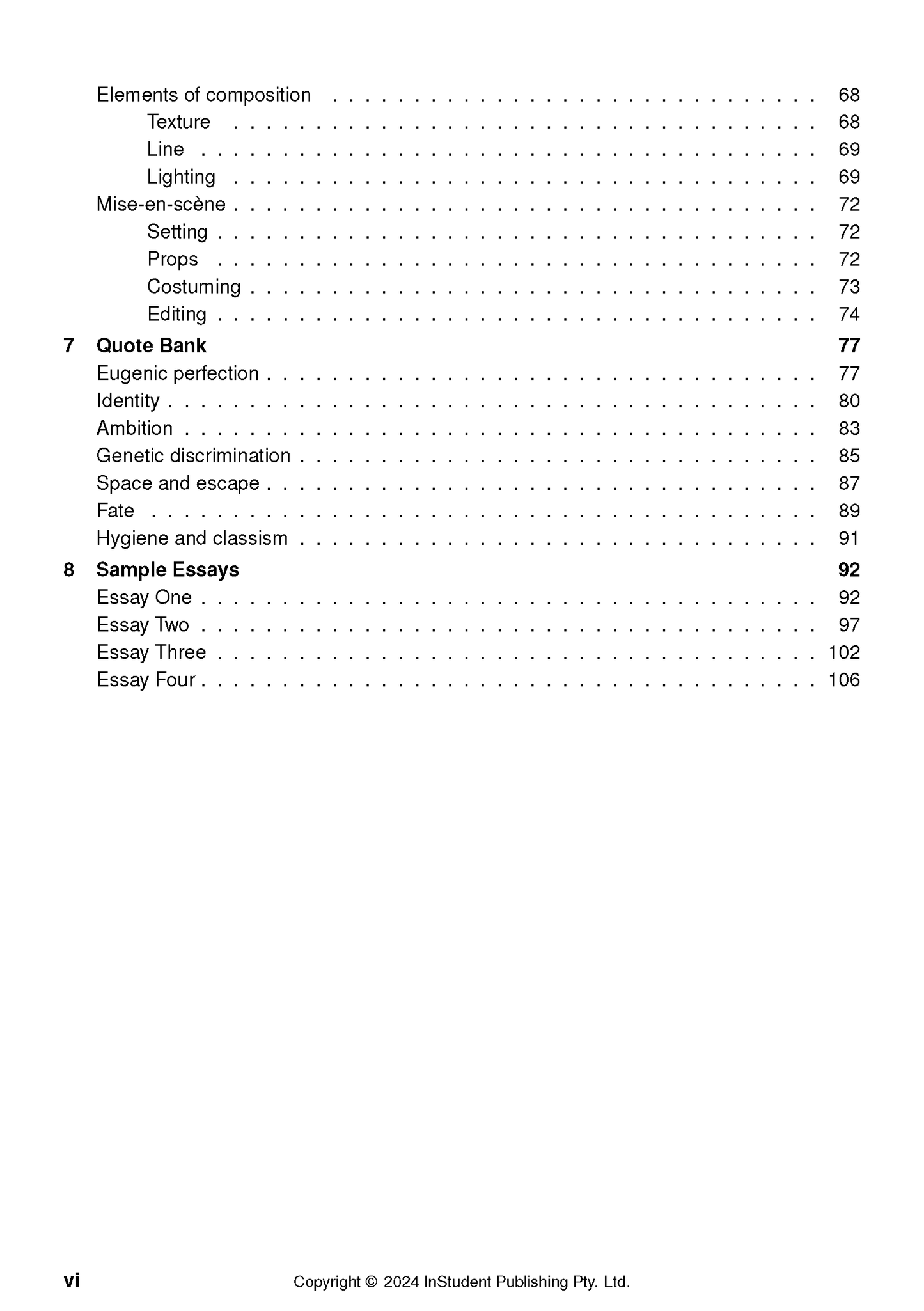 A page from the Gattaca text guide, showing a table of contents with sections on composition, a quote bank, and sample essays.