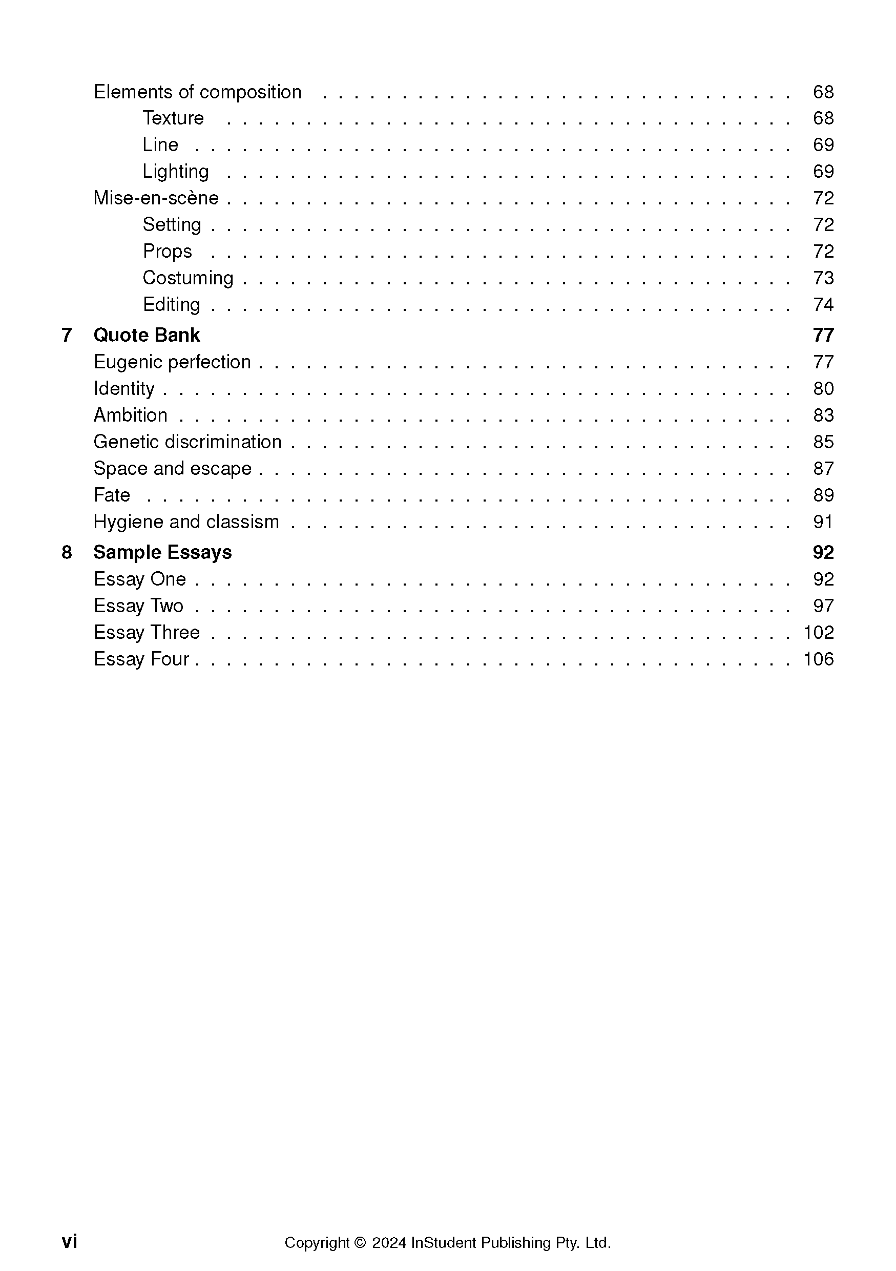A page from the Gattaca text guide, showing a table of contents with sections on composition, a quote bank, and sample essays.