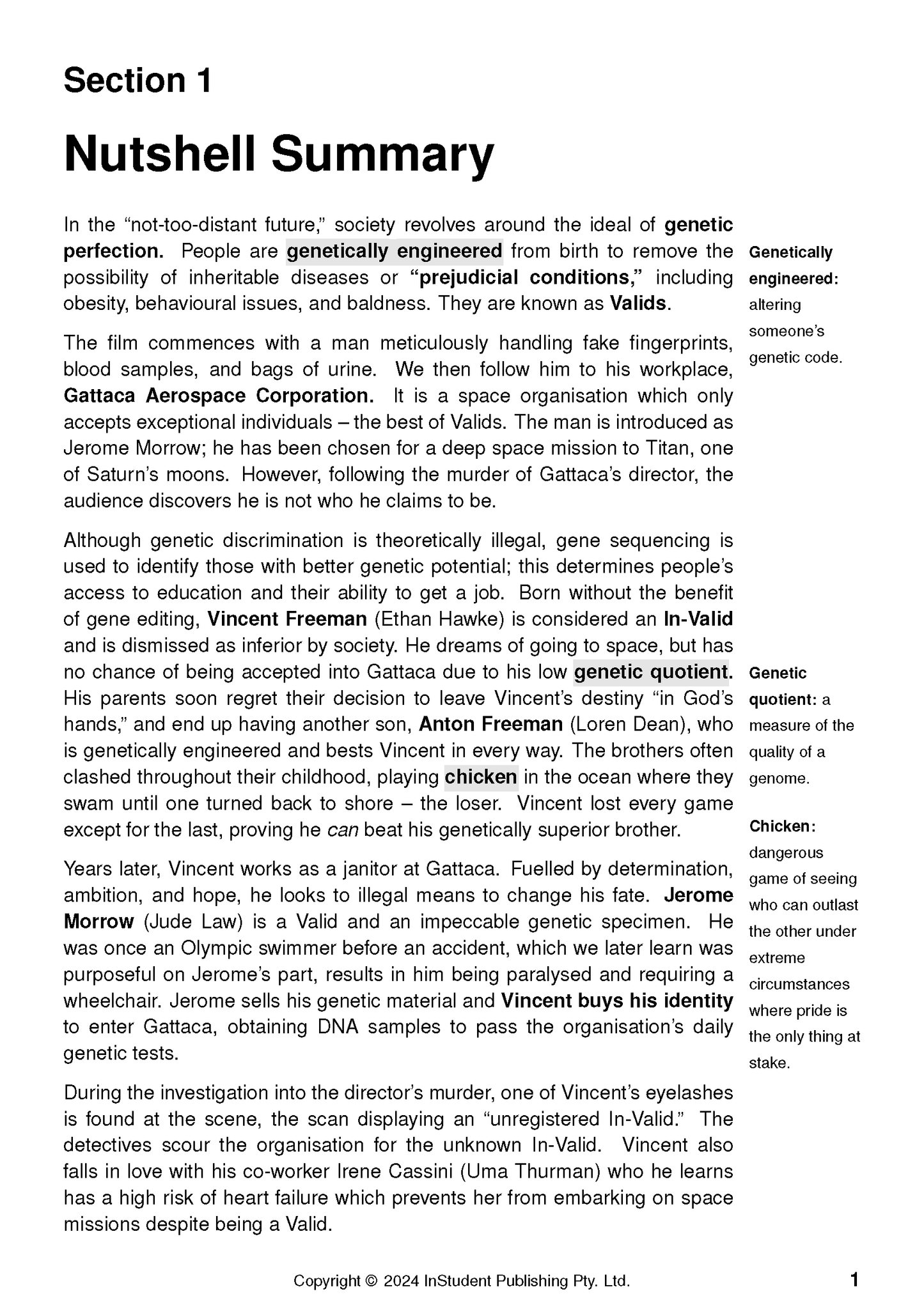 Gattaca Text Guide by InStudent Publishing Pty. Ltd., displaying a Nutshell Summary page with film plot points and key term definitions.