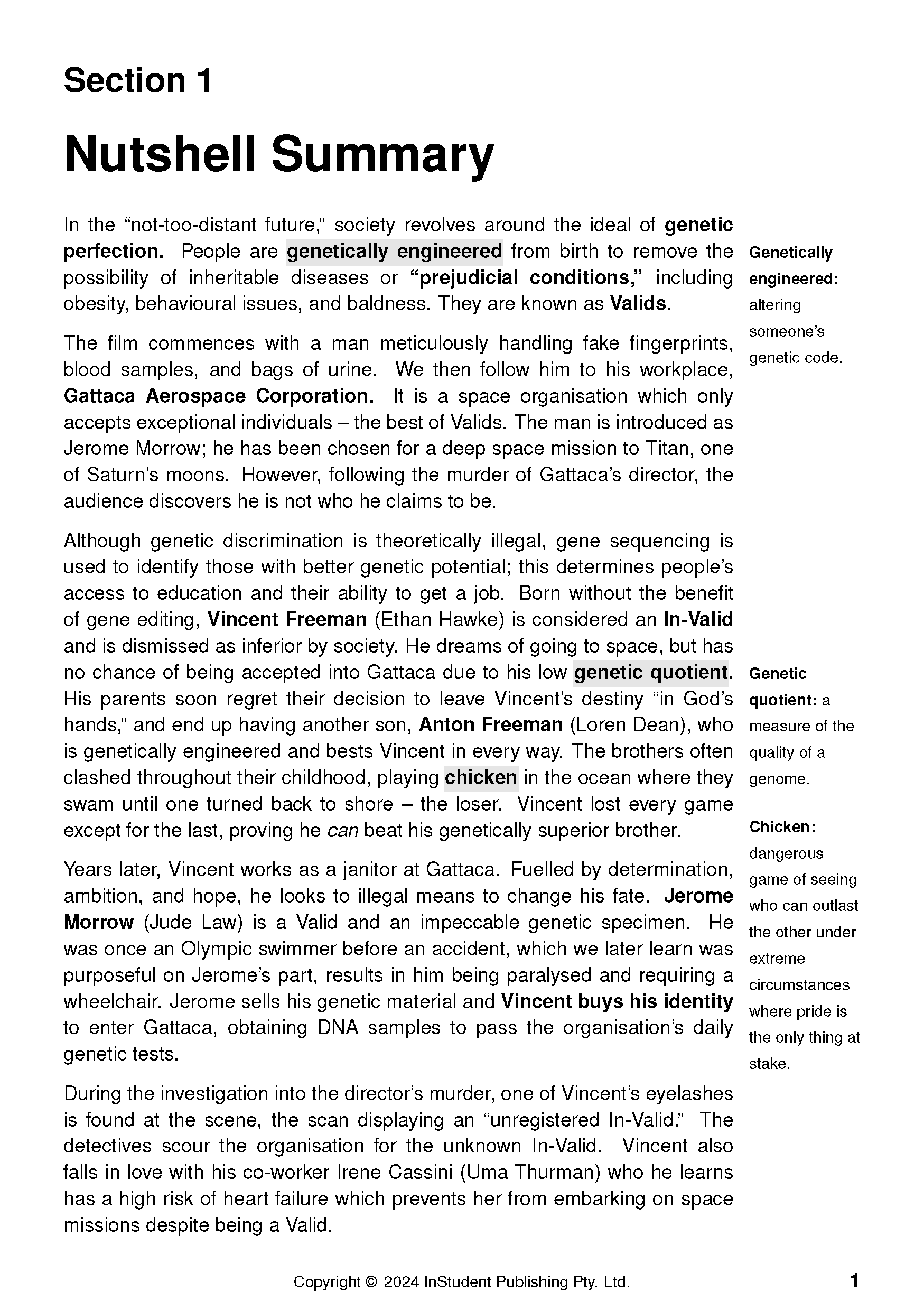 Gattaca Text Guide by InStudent Publishing Pty. Ltd., displaying a Nutshell Summary page with film plot points and key term definitions.
