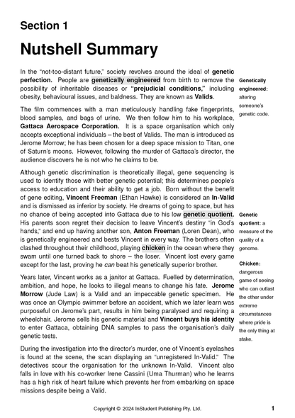 Gattaca Text Guide by InStudent Publishing Pty. Ltd., displaying a Nutshell Summary page with film plot points and key term definitions.