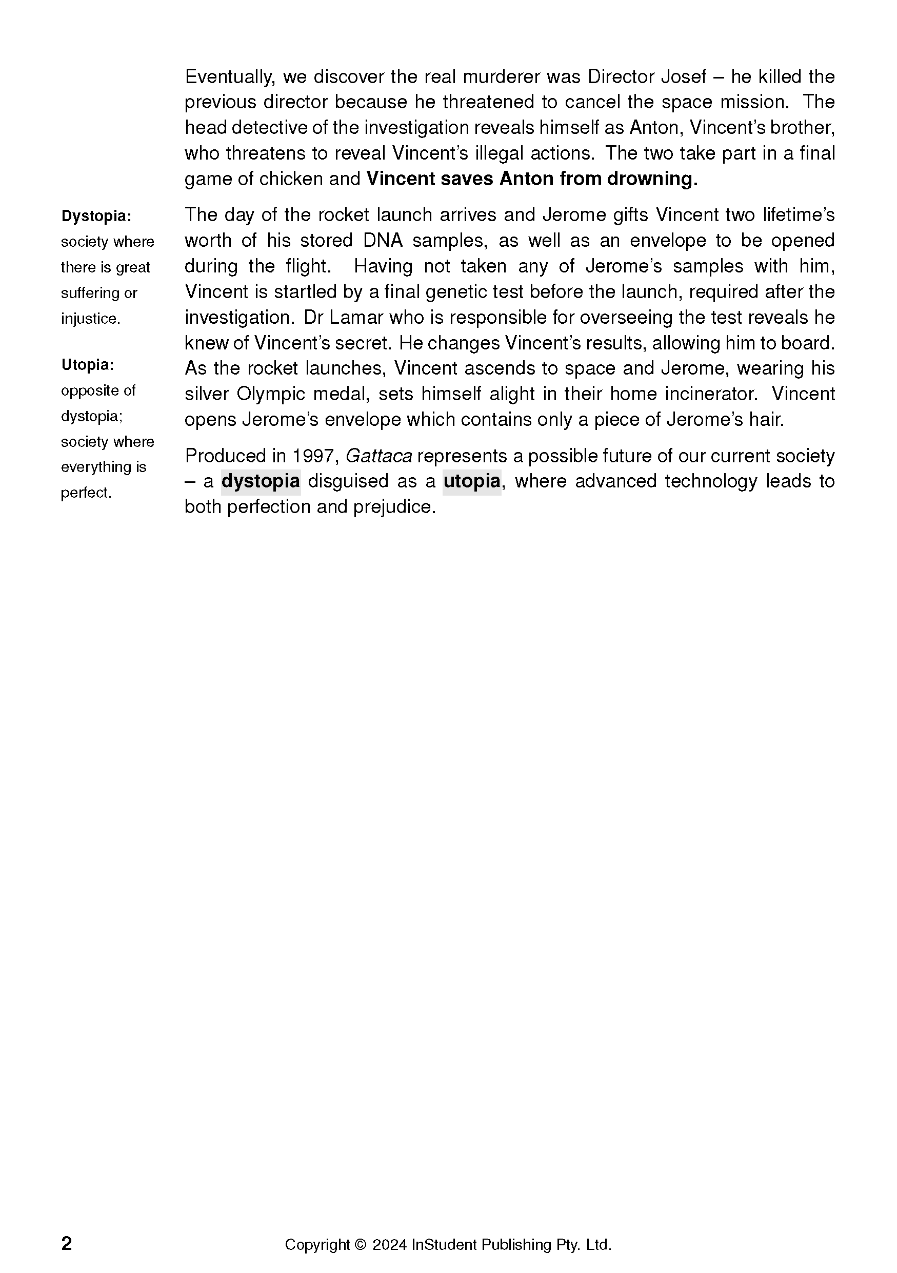 Text Guide for Gattaca by Andrew Niccol showing a page with definitions of Dystopia and Utopia, and film summary.