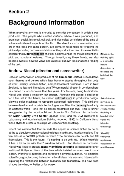 Text guide page discussing the film Gattaca, featuring background information, film concepts, and key definitions.