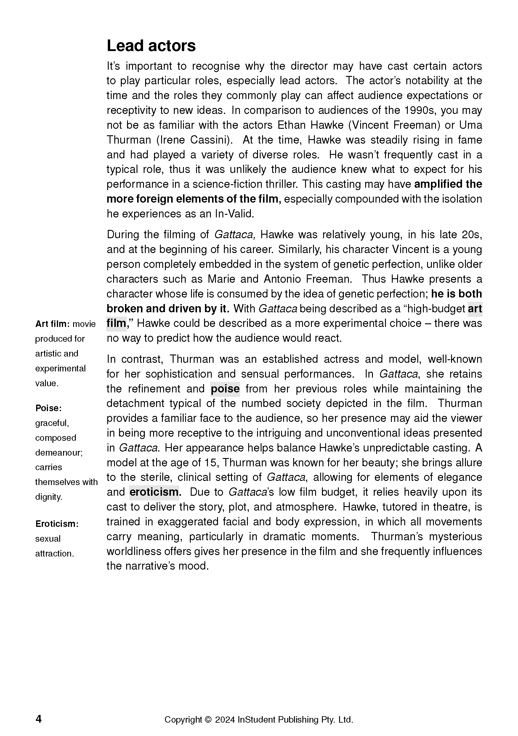 Text Guide page displaying analysis of lead actors, film terminology, and copyright information on a white background.