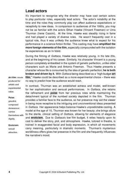 Text Guide page displaying analysis of lead actors, film terminology, and copyright information on a white background.