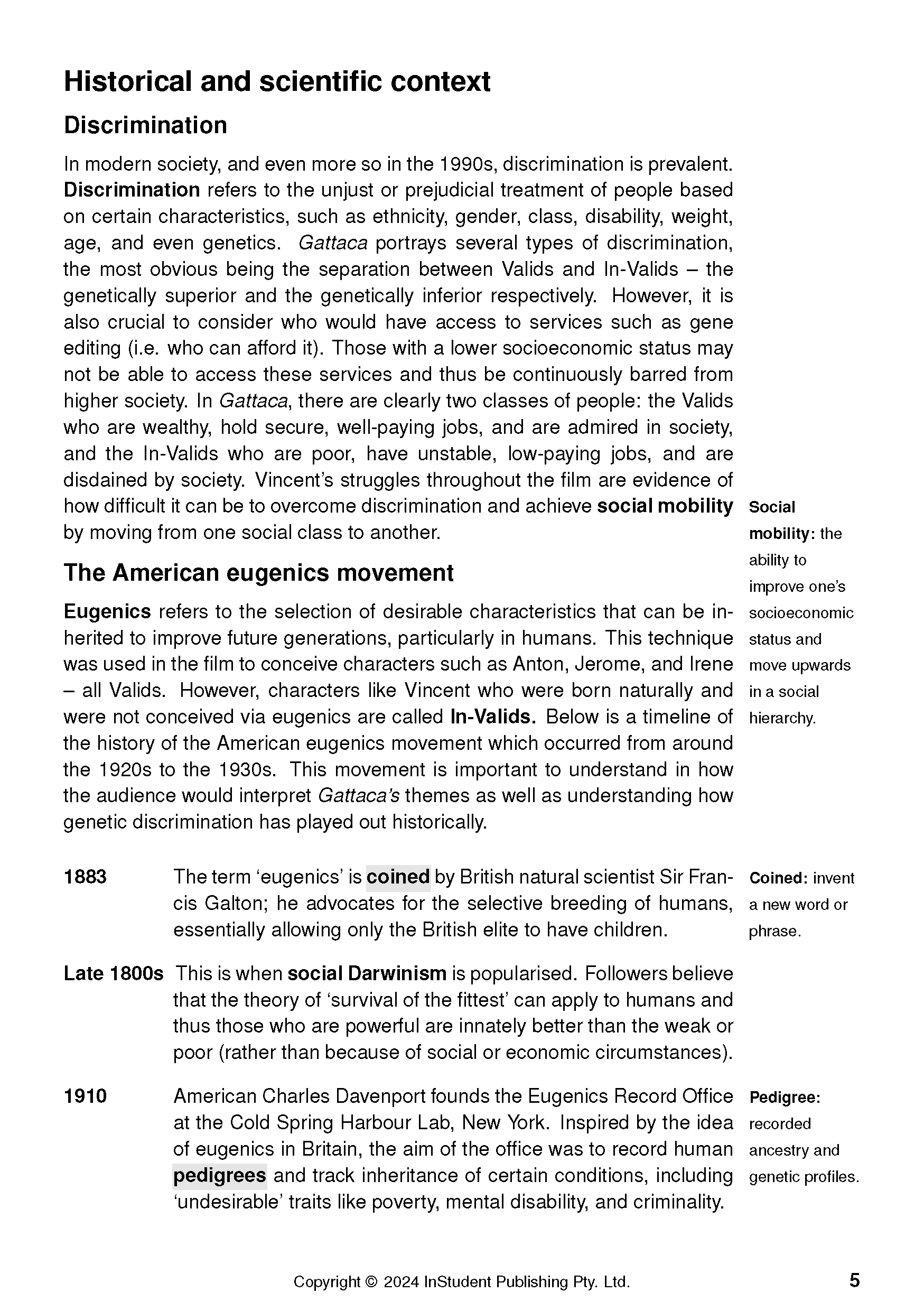 Text guide page about Gattaca, detailing historical discrimination, American eugenics, and key terms with a timeline.