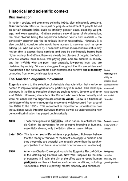 Text guide page about Gattaca, detailing historical discrimination, American eugenics, and key terms with a timeline.