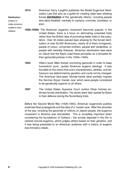 Text Guide page from InStudent Publishing Pty. Ltd. with historical content about eugenics and Gattaca, numbered 6.