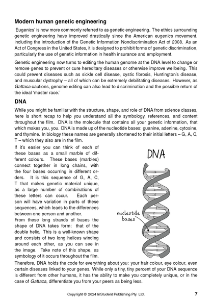 Text Guide page with explanations on genetic engineering and DNA, featuring a grey double helix diagram and references to Gattaca.