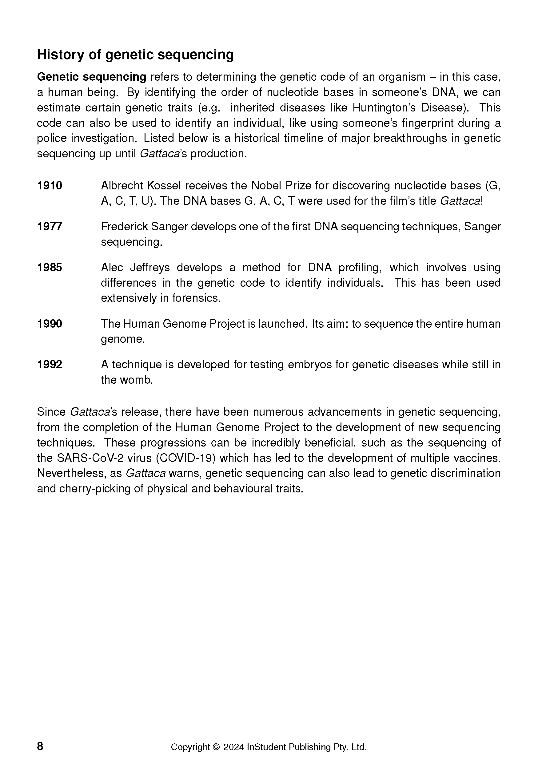 Text Guide page detailing genetic sequencing history and references to Gattaca, with black text on white.
