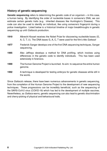 Text Guide page detailing genetic sequencing history and references to Gattaca, with black text on white.