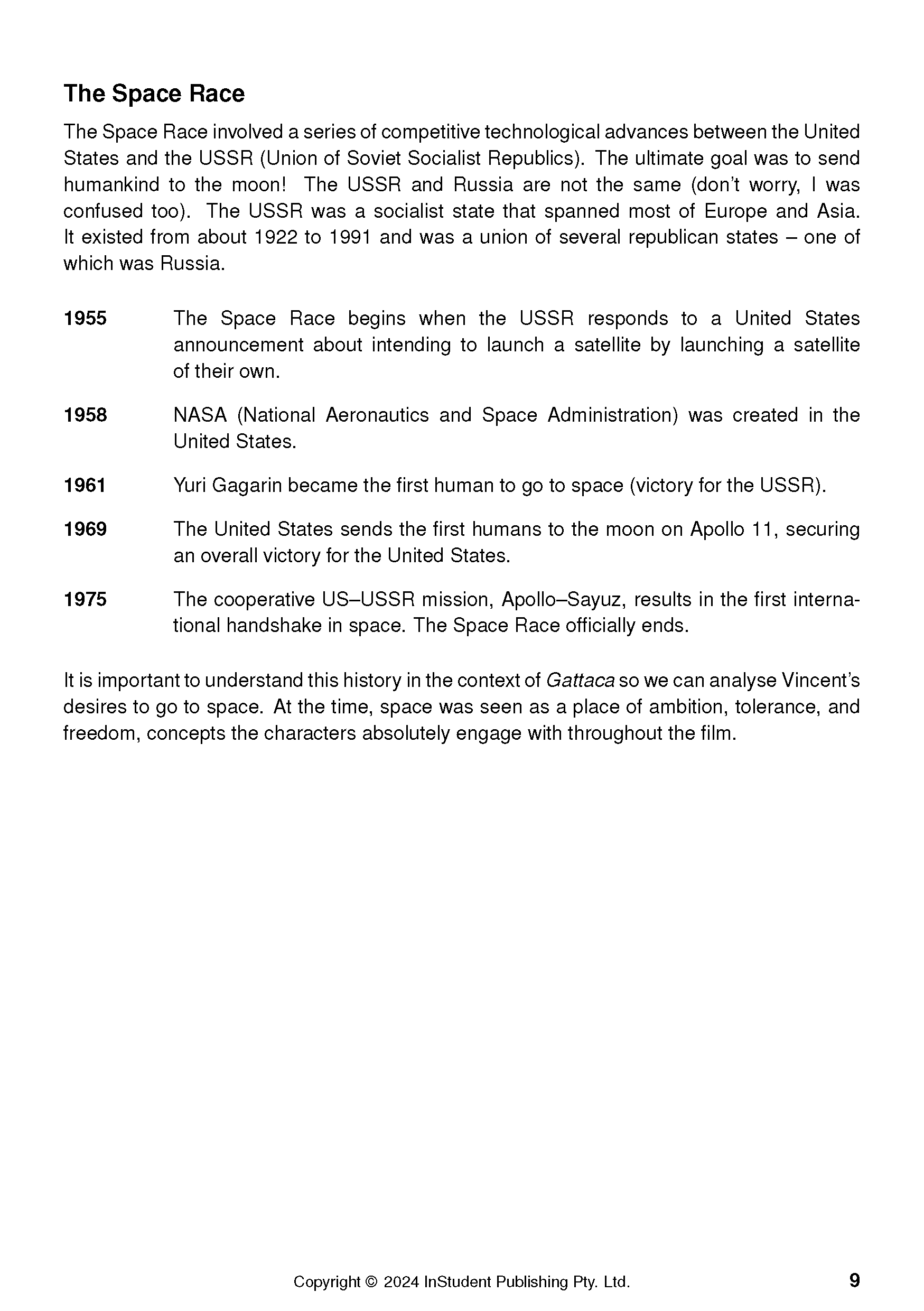 White Text Guide page with black text, detailing 'The Space Race' and explicitly mentioning 'Gattaca', page 9.