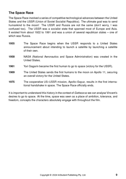 White Text Guide page with black text, detailing 'The Space Race' and explicitly mentioning 'Gattaca', page 9.