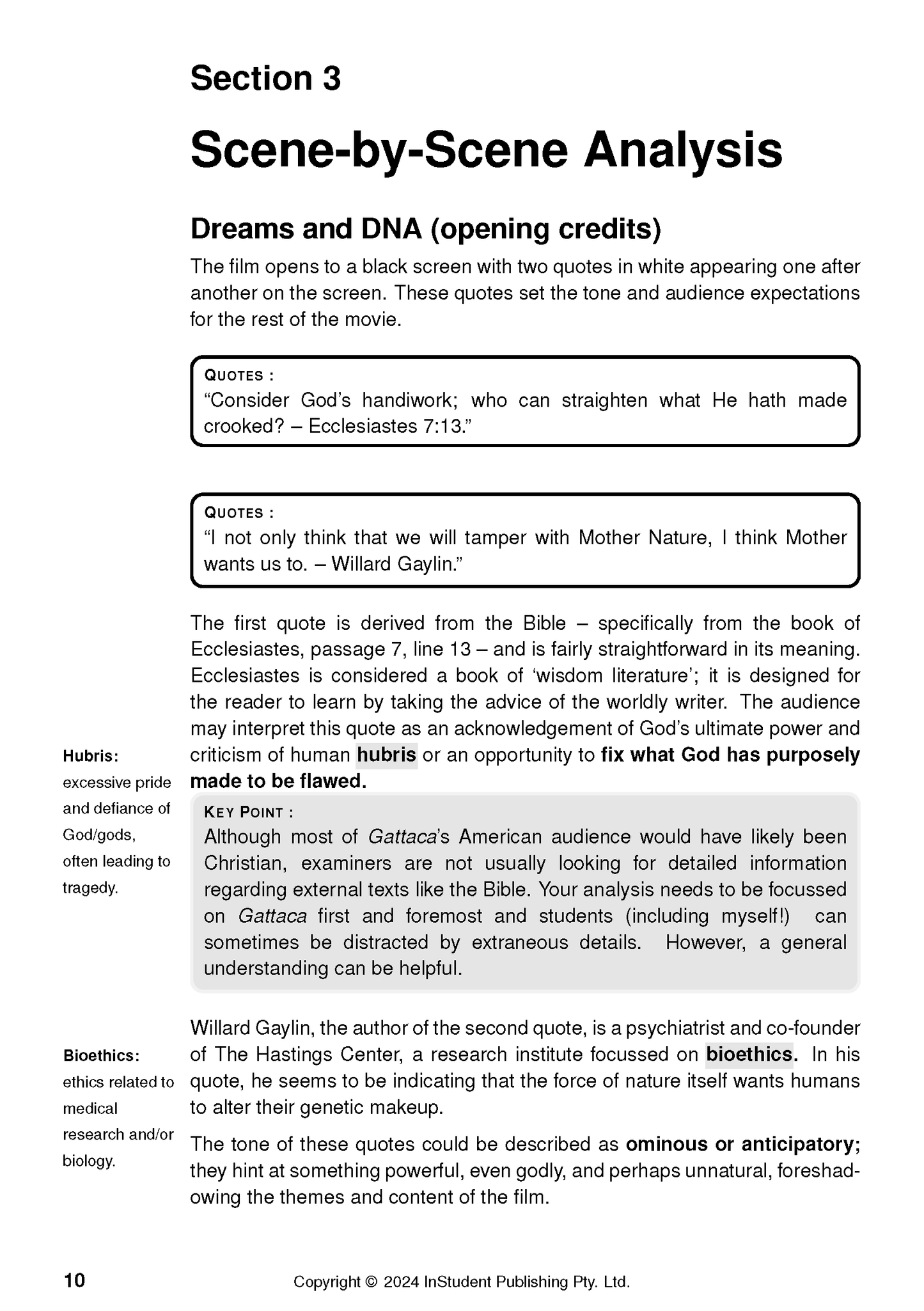 Text Guide page displaying 'Section 3 Scene-by-Scene Analysis' of Gattaca, including quotes, definitions, and page 10.