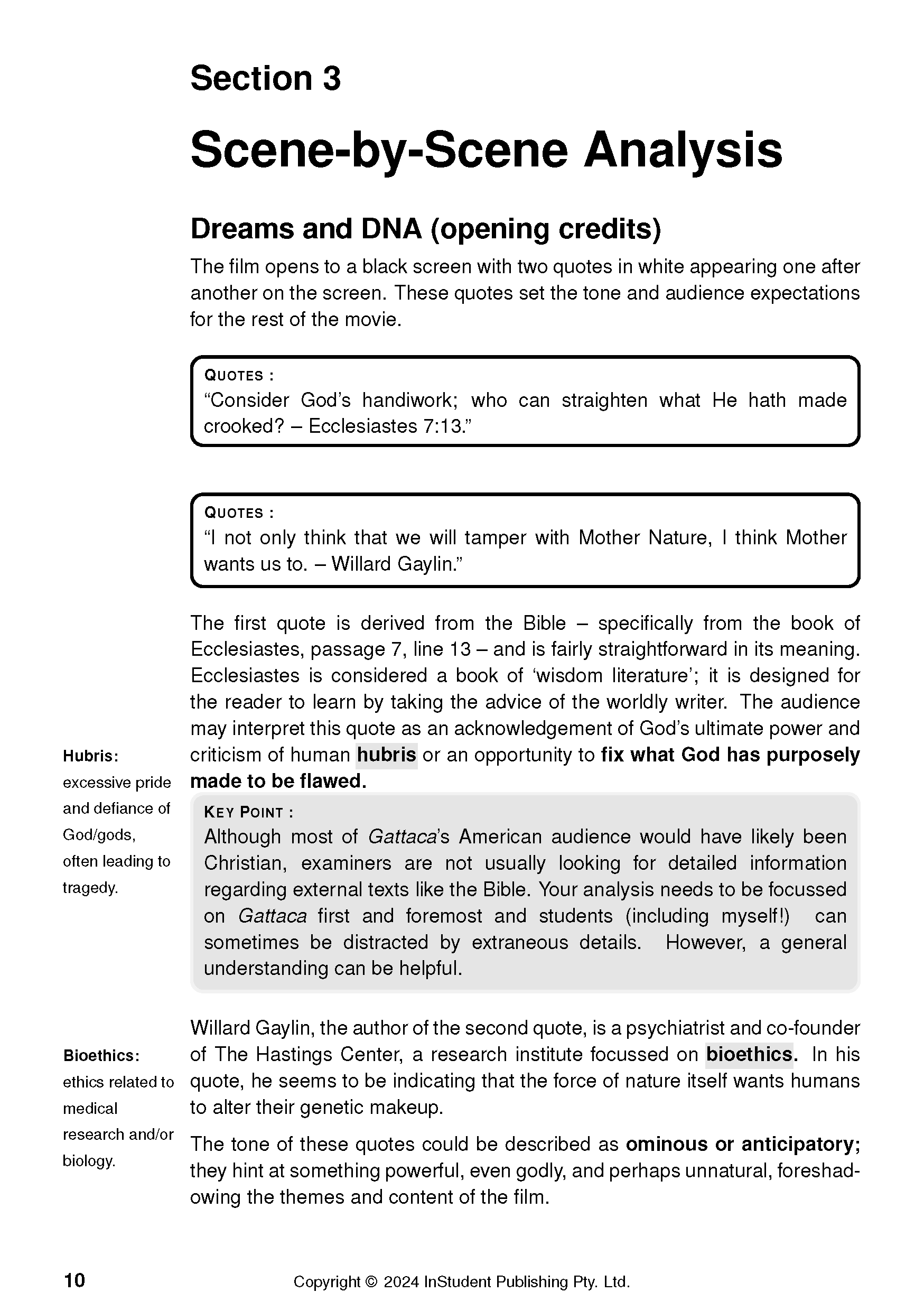 Text Guide page displaying 'Section 3 Scene-by-Scene Analysis' of Gattaca, including quotes, definitions, and page 10.