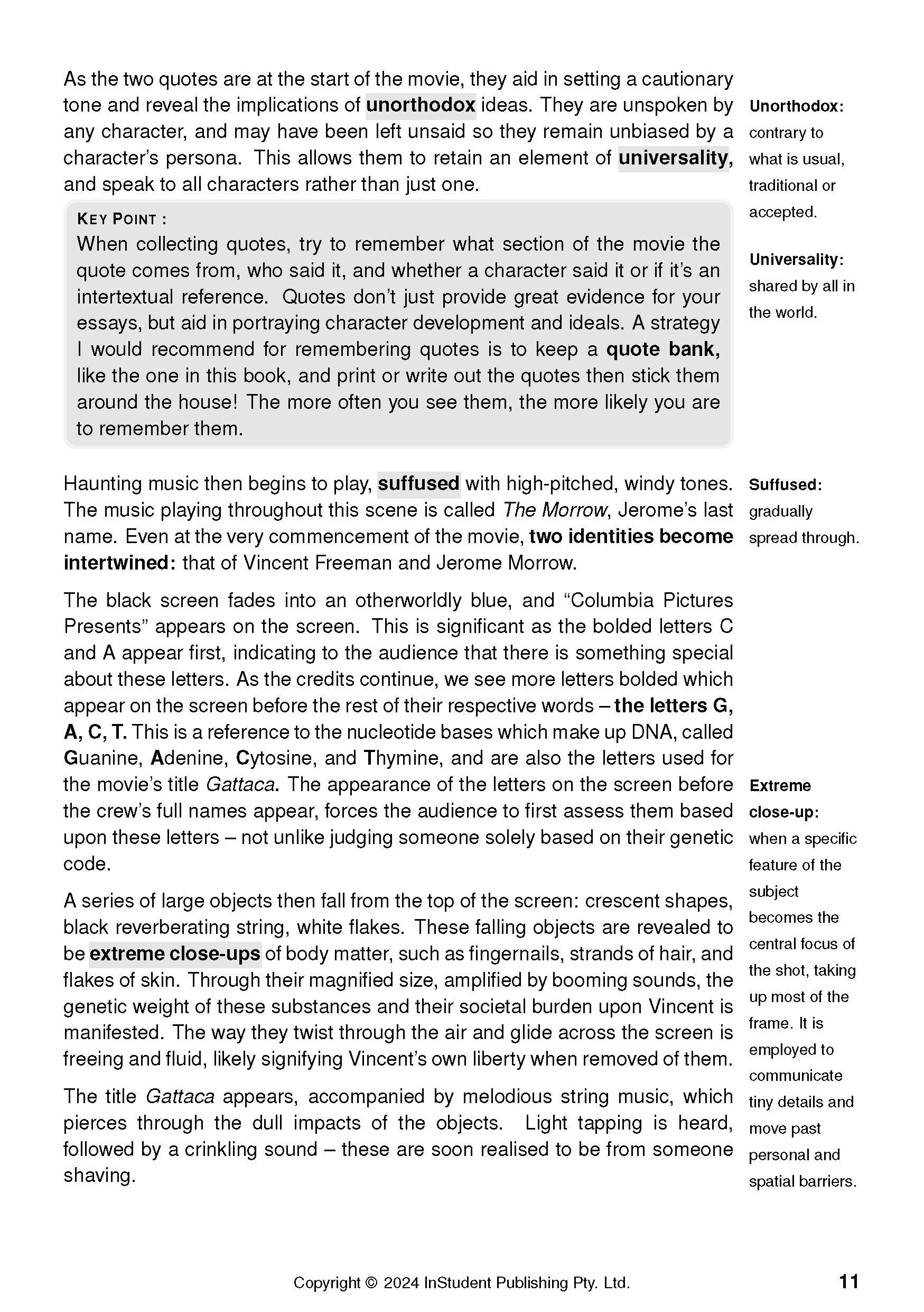 Text guide on Gattaca by Andrew Niccol, a white page displaying text, definitions, a gray 'Key Point' box, and the page number 11.