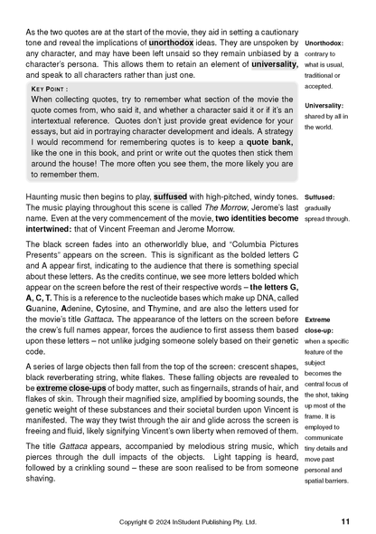 Text guide on Gattaca by Andrew Niccol, a white page displaying text, definitions, a gray 'Key Point' box, and the page number 11.